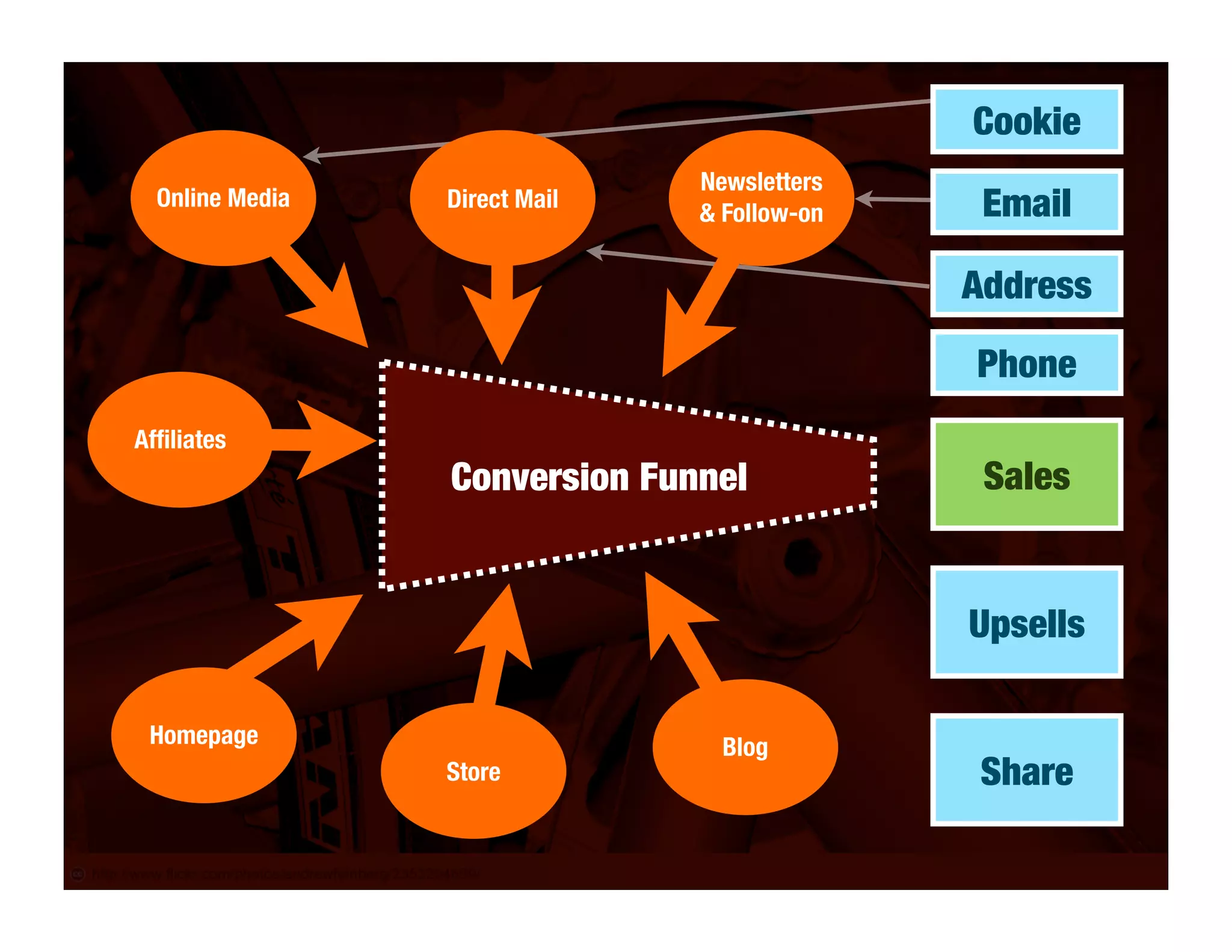 Cookie
                               Newsletters
  Online Media   Direct Mail
                               & Follow-on    Email

                                             Address

                                             Phone
Afﬁliates
                 Conversion Funnel            Sales


                                             Upsells

 Homepage                        Blog
                 Store                        Share
 
