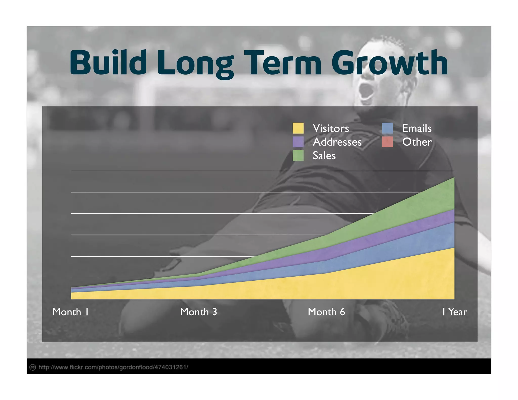 Build Long Term Growth
                    Visitors    Emails
                    Addresses   Other
                    Sales




Month 1   Month 3   Month 6              1 Year
 