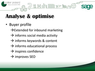 Analyse & optimise
• Buyer profile
  Extended for inbound marketing
   informs social media activity
   informs keywords & content
   informs educational process
   inspires confidence
   improves SEO
 