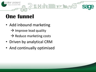 One funnel
• Add inbound marketing
   Improve lead quality
   Reduce marketing costs
• Driven by analytical CRM
• And continually optimised
 