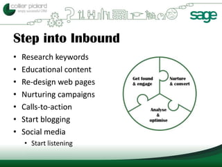 Step into Inbound
•   Research keywords
•   Educational content
•   Re-design web pages
•   Nurturing campaigns
•   Calls-to-action
•   Start blogging
•   Social media
    • Start listening
 