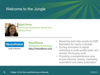 Welcome to the Jungle

Mary Firme
Chief Lead Accelerator, ReachForce
@MaryFirme

ReachForce
Marketing Technology
http://re...