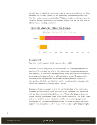 SALES@BECKON.COMWWW.BECKON.COM
4
We also want to track impression volume per program, campaign and any other
segments the business reports on, like geography, product or customer type.
And then we can answer questions like, What’s driving the most impressions for
us? What was the breakdown of impressions served? How are the total number
of impressions trending over time?
Engagement
[sum of total engagements (weighted or not)]
When we buy a lot of eyeballs, we’ve invested in the first stage of the funnel:
awareness. Presumably, our efforts there have made plenty of people aware
of our product or brand. But are they clicking, liking, retweeting, downloading,
signing up, visiting our website or taking any other action? Engagement is
a middle-of-the-funnel metric that tracks whether our target audience is
taking action. We’ll also want to know that by campaign, channel, region, etc.,
depending on how the company reports results.
Engagement is an aggregate metric. We want to total up all the metrics that
represent actions initiated by an end user—all the signs that they interacted
with our content and/or chose to learn more. This total engagement number
can be a simple sum of likes, clicks, opens, views, downloads, pins, video views
and so on—and this is what we recommend for any marketing department
just starting out on the measurement journey. For more advanced marketing
departments, each component of engagement can be weighted according to
 