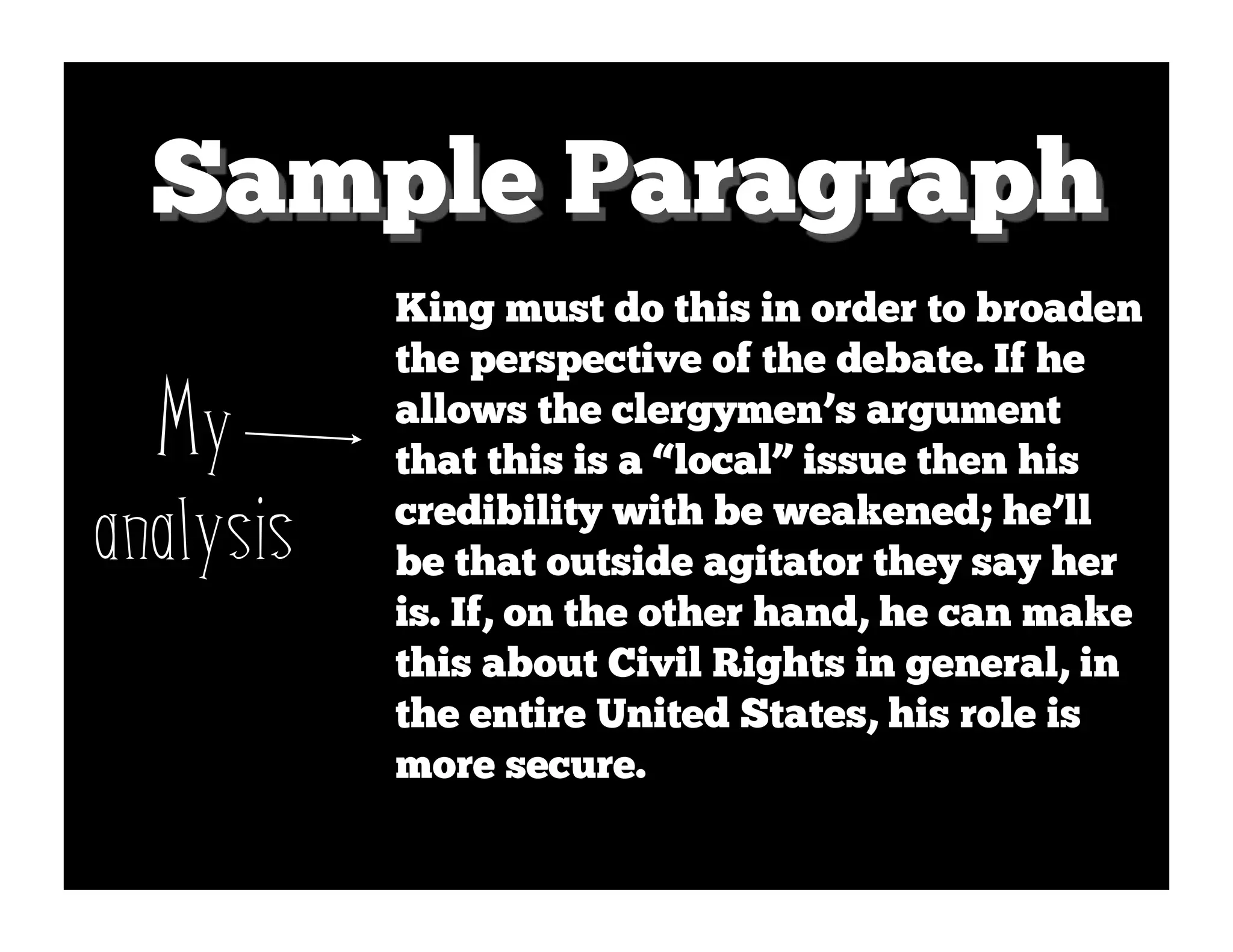 Sample Paragraph
           King must do this in order to broaden
           the perspective of the debate. If he

  My       allows the clergymen’s argument
           that this is a “local” issue then his

analysis   credibility with be weakened; he’ll
           be that outside agitator they say her
           is. If, on the other hand, he can make
           this about Civil Rights in general, in
           the entire United States, his role is
           more secure.
 