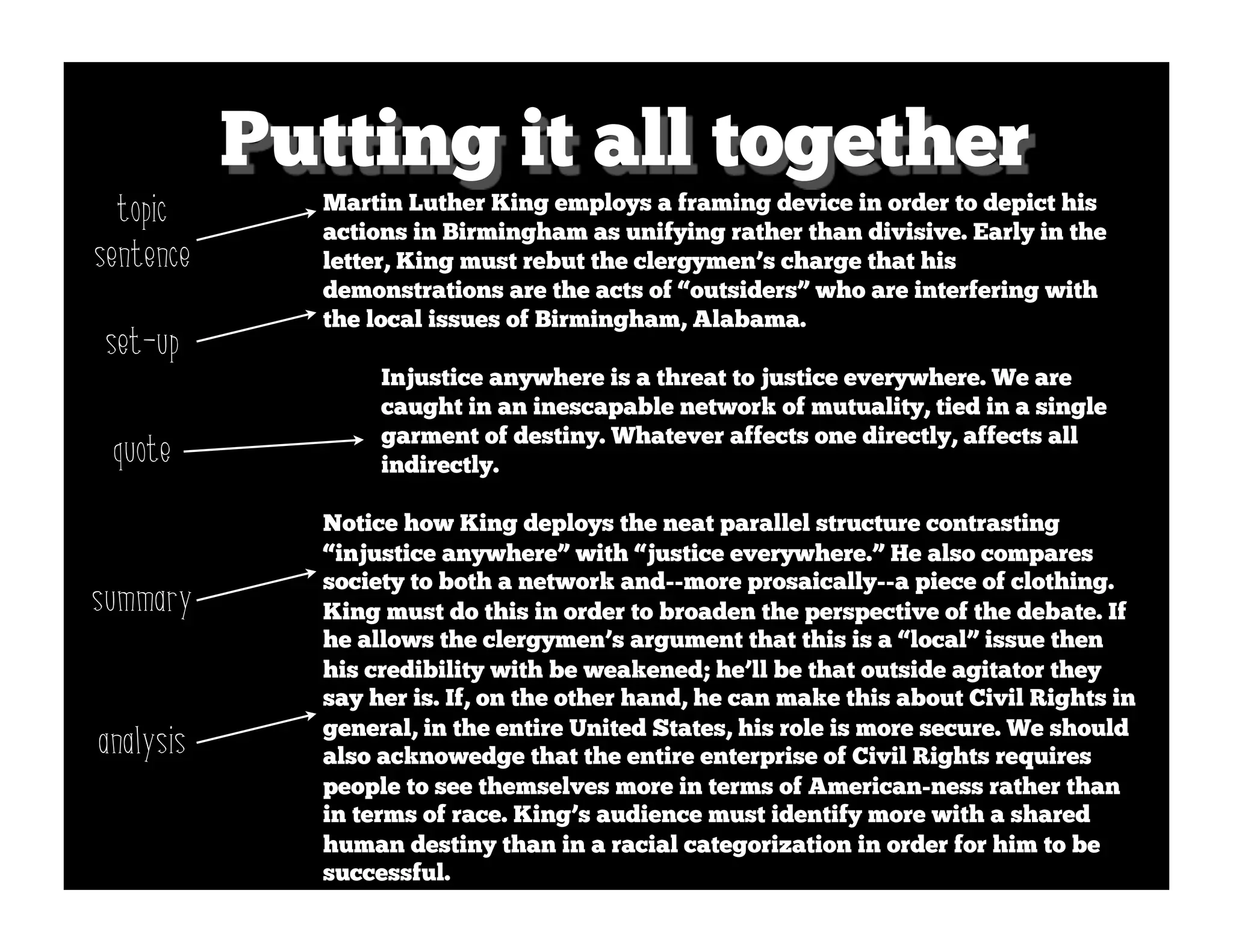 Putting it all together
  topic      Martin Luther King employs a framing device in order to depict his
             actions in Birmingham as unifying rather than divisive. Early in the
sentence     letter, King must rebut the clergymen’s charge that his
             demonstrations are the acts of “outsiders” who are interfering with
             the local issues of Birmingham, Alabama.
set-up
                  Injustice anywhere is a threat to justice everywhere. We are
                  caught in an inescapable network of mutuality, tied in a single
 quote            garment of destiny. Whatever affects one directly, affects all
                  indirectly.

             Notice how King deploys the neat parallel structure contrasting
             “injustice anywhere” with “justice everywhere.” He also compares
             society to both a network and--more prosaically--a piece of clothing.
summary      King must do this in order to broaden the perspective of the debate. If
             he allows the clergymen’s argument that this is a “local” issue then
             his credibility with be weakened; he’ll be that outside agitator they
             say her is. If, on the other hand, he can make this about Civil Rights in
analysis     general, in the entire United States, his role is more secure. We should
             also acknowedge that the entire enterprise of Civil Rights requires
             people to see themselves more in terms of American-ness rather than
             in terms of race. King’s audience must identify more with a shared
             human destiny than in a racial categorization in order for him to be
             successful.
 