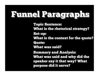 Funnel Paragraphs
    Topic Sentence:
    What is the rhetorical strategy?
    Set-up:
    What is the context for the quote?
    Quote:
    What was said?
    Summary and Analysis:
    What was said and why did the
    speaker say it that way? What
    purpose did it serve?
 
