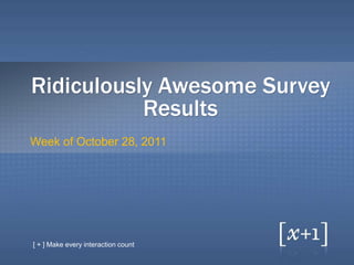 Ridiculously Awesome Survey
           Results
Week of October 28, 2011




[ + ] Make every interaction count
 