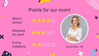 Points for our mom!
Jenna Doe - 48
Mom’s
stories
Madness
for sport
Funny
imitations
 