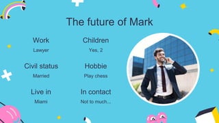 The future of Mark
Work
Lawyer
Civil status
Married
Live in
Miami
Hobbie
Play chess
Children
Yes, 2
In contact
Not to much...
 