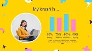 My crush is...
80%
Funny
75%
Creative
95%
Beautiful
65%
Sporty
Follow the link in the graph to modify its data and
then paste the new one here. For more info, click
here
 