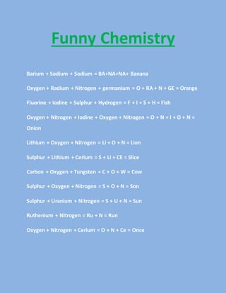 Funny Chemistry
Barium + Sodium + Sodium = BA+NA+NA+ Banana
Oxygen + Radium + Nitrogen + germanium = O + RA + N + GE = Orange
Fluorine + Iodine + Sulphur + Hydrogen = F + I + S + H = Fish
Oxygen + Nitrogen + Iodine + Oxygen + Nitrogen = O + N + I + O + N =
Onion
Lithium + Oxygen + Nitrogen = Li + O + N = Lion
Sulphur + Lithium + Cerium = S + Li + CE = Slice
Carbon + Oxygen + Tungsten = C + O + W = Cow
Sulphur + Oxygen + Nitrogen = S + O + N = Son
Sulphur + Uranium + Nitrogen = S + U + N = Sun
Ruthenium + Nitrogen = Ru + N = Run
Oxygen + Nitrogen + Cerium = O + N + Ce = Once
 