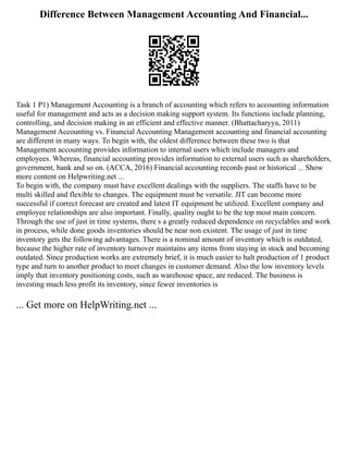 Difference Between Management Accounting And Financial...
Task 1 P1) Management Accounting is a branch of accounting which refers to accounting information
useful for management and acts as a decision making support system. Its functions include planning,
controlling, and decision making in an efficient and effective manner. (Bhattacharyya, 2011)
Management Accounting vs. Financial Accounting Management accounting and financial accounting
are different in many ways. To begin with, the oldest difference between these two is that
Management accounting provides information to internal users which include managers and
employees. Whereas, financial accounting provides information to external users such as shareholders,
government, bank and so on. (ACCA, 2016) Financial accounting records past or historical ... Show
more content on Helpwriting.net ...
To begin with, the company must have excellent dealings with the suppliers. The staffs have to be
multi skilled and flexible to changes. The equipment must be versatile. JIT can become more
successful if correct forecast are created and latest IT equipment be utilized. Excellent company and
employee relationships are also important. Finally, quality ought to be the top most main concern.
Through the use of just in time systems, there s a greatly reduced dependence on recyclables and work
in process, while done goods inventories should be near non existent. The usage of just in time
inventory gets the following advantages. There is a nominal amount of inventory which is outdated,
because the higher rate of inventory turnover maintains any items from staying in stock and becoming
outdated. Since production works are extremely brief, it is much easier to halt production of 1 product
type and turn to another product to meet changes in customer demand. Also the low inventory levels
imply that inventory positioning costs, such as warehouse space, are reduced. The business is
investing much less profit its inventory, since fewer inventories is
... Get more on HelpWriting.net ...
 