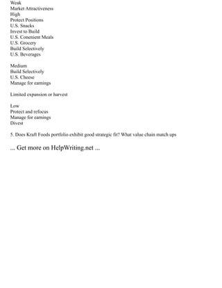 Weak
Market Attractiveness
High
Protect Positions
U.S. Snacks
Invest to Build
U.S. Conenient Meals
U.S. Grocery
Build Selectively
U.S. Beverages
Medium
Build Selectively
U.S. Cheese
Manage for earnings
Limited expansion or harvest
Low
Protect and refocus
Manage for earnings
Divest
5. Does Kraft Foods portfolio exhibit good strategic fit? What value chain match ups
... Get more on HelpWriting.net ...
 