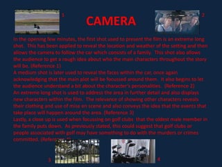 SOUNDThe use of sound throughout the opening of ‘Funny Games’ reveals a lot about the plot and storyline of the film.  When the credits begin, there is no sound at all and in contrast to the colours previously spoken about, it conveys the idea that the victims  will be completely dominated and not able to voice themselves.  When the opening shot is displayed on the screen, opera music through the form of non-diagetic sound begins to play which suggests that the murderer/(s) will be extremely dominating and powerful and in some ways may seem quite mentally twisted.  Opera music is also predominately very loud, which also portrays the idea that the killer/(s) will go about harming and murdering their victims openly and not try to hide or be secretive about it.When the main title of the film is presented on the screen, the music changes to rock/heavy metal which is again depicted through non-diagetic sound.  Throughout this music, sounds of weakness and pain are presented alongside shouting and intense screaming .  The screams and shouts which the music reveals are noises of terror and agony conveying a vicious and harsh reality of the film.