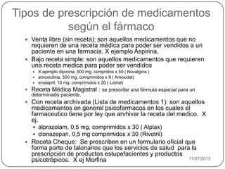 Tipos de prescripción de medicamentos
según el fármaco
16/06/2014
 Venta libre (sin receta): son aquellos medicamentos que no
requieren de una receta médica para poder ser vendidos a un
paciente en una farmacia. X ejemplo Aspirina,
 Bajo receta simple: son aquellos medicamentos que requieren
una receta medica para poder ser vendidos
 X ejemplo dipirona, 500 mg, compridos x 50 ( Novalgina )
 amoxicilina, 500 mg, comprimidos x 8 ( Amoxidal)
 enalapril, 10 mg, comprimidos x 20 ( Lotrial)
 Receta Médica Magistral : se prescribe una fórmula especial para un
determinado paciente.
 Con receta archivada (Lista de medicamentos 1): son aquellos
medicamentos en general psicofarmacos en los cuales el
farmaceutico tiene por ley que arvhivar la receta del medico. X
ej.
 alprazolam, 0,5 mg, comprimidos x 30 ( Alplax)
 clonazepan, 0,5 mg comprimidos x 30 (Rivotril)
 Receta Cheque: Se prescriben en un formulario oficial que
forma parte de talonarios que los servicios de salud para la
prescripción de productos estupefacientes y productos
psicotrópicos. X ej Morfina
 