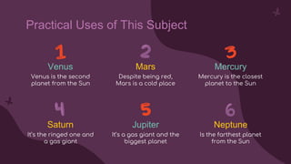 Venus Mars Mercury
Venus is the second
planet from the Sun
Despite being red,
Mars is a cold place
Mercury is the closest
planet to the Sun
Saturn Jupiter Neptune
It’s the ringed one and
a gas giant
It’s a gas giant and the
biggest planet
Is the farthest planet
from the Sun
Practical Uses of This Subject
 