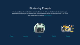 Stories by Freepik
Create your Story with our illustrated concepts. Choose the style you like the most, edit its colors, pick
the background and layers you want to show and bring them to life with the animator panel! It will boost
your presentation. Check out How it Works.
Pana Amico Bro Rafiki Cuate
 