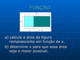 FUNÇÃO a) calcule a área da figura remanescente em função de x. b) determine x para que essa área seja a maior possível. 
