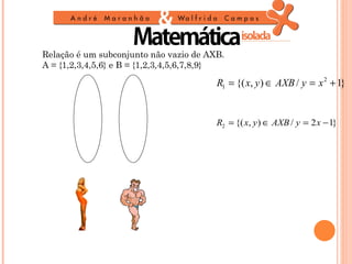 Relação é um subconjunto não vazio de AXB.
A = {1,2,3,4,5,6} e B = {1,2,3,4,5,6,7,8,9}

                                         R1 = {( x, y ) ∈ AXB / y = x 2 + 1}


                                         R2 = {( x, y ) ∈ AXB / y = 2 x − 1}
 