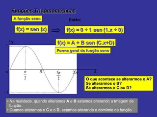 Funções Trigomométricas A função seno f(x) = sen (x) Então: f(x) = 0 + 1 sen (1.x + 0) O que acontece se alterarmos o A? Se alterarmos o B? Se alterarmos o C ou D? Na realidade, quando alteramos  A  e  B  estamos alterando a Imagem da  função.  Quando alteramos o  C  e o  D , estamos alterando o domímio da função. 0 x 1 - 1 y Forma geral da função seno f(x) = A + B sen (C.x+D) 