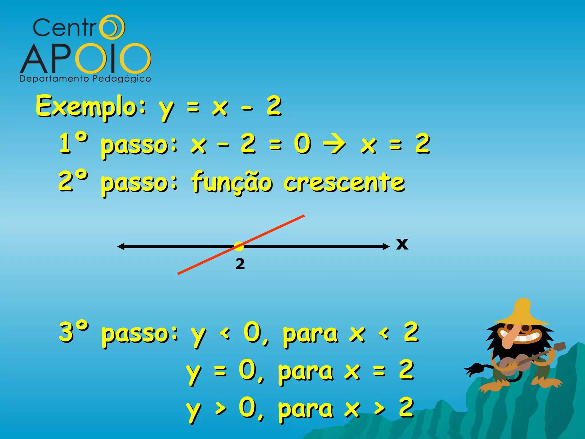Exemplo: y = x - 2
 1º passo: x – 2 = 0  x = 2
 2º passo: função crescente

                          x
              2



 3º passo: y < 0, para x < 2
           y = 0, para x = 2
           y > 0, para x > 2
 