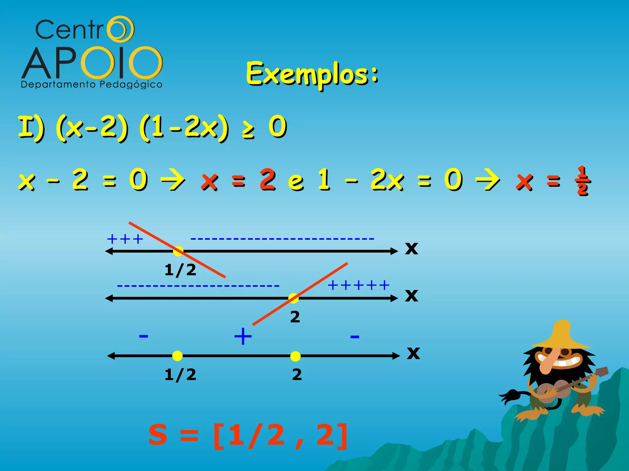 Exemplos:
I) (x-2) (1-2x) ≥ 0
x – 2 = 0  x = 2 e 1 – 2x = 0  x = ½
      +++       --------------------------
                                             x
             1/2
      -----------------------       +++++
                                             x
                                2
        -             +               -      x
             1/2                2



            S = [1/2 , 2]
 