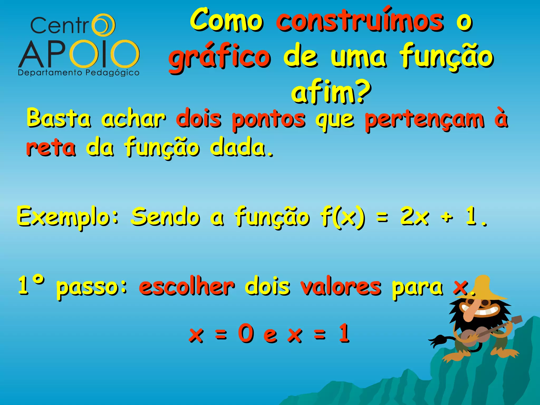 Como construímos o
            gráfico de uma função
                    afim?
Basta achar dois pontos que pertençam à
reta da função dada.

Exemplo: Sendo a função f(x) = 2x + 1.

1º passo: escolher dois valores para x.
              x = 0 e x = 1
 