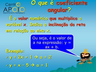 O que é coeficiente
                  angular?
  É o valor numérico que multiplica a
variável x. Indica a inclinação da reta
em relação ao eixo x.
              Ou seja, é o valor de
              a na expressão: y =
                    ax + b.
Exemplo:
 y = 2x + 1  a = 2

   y = x – 5  a = 1
 