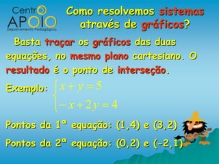 Como resolvemos sistemas
              através de gráficos?
  Basta traçar os gráficos das duas
equações, no mesmo plano cartesiano. O
resultado é o ponto de interseção.
Exemplo:   x y 5
            x 2y     4
Pontos da 1ª equação: (1,4) e (3,2)
Pontos da 2ª equação: (0,2) e (-2,1)
 
