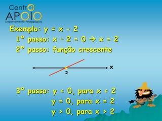 Exemplo: y = x - 2
 1º passo: x – 2 = 0  x = 2
 2º passo: função crescente

                          x
              2



 3º passo: y < 0, para x < 2
           y = 0, para x = 2
           y > 0, para x > 2
 