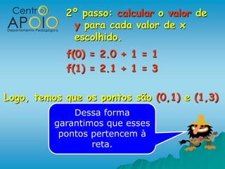 2º passo: calcular o valor de
             y para cada valor de x
             escolhido.
            f(0) = 2.0 + 1 = 1
            f(1) = 2.1 + 1 = 3

Logo, temos que os pontos são (0,1) e (1,3)
              Dessa forma
          garantimos que esses
           pontos pertencem à
                  reta.
 
