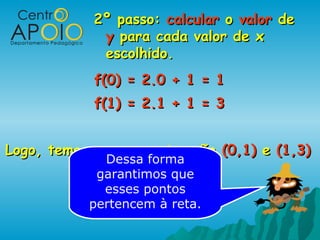 2º passo: calcular o valor de
             y para cada valor de x
             escolhido.
            f(0) = 2.0 + 1 = 1
            f(1) = 2.1 + 1 = 3


Logo, temos que os pontos são (0,1) e (1,3)
             Dessa forma
            garantimos que
             esses pontos
           pertencem à reta.
 