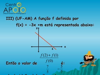 III) (UF-AM) A função f definida porIII) (UF-AM) A função f definida por
f(x) = -3x +m está representada abaixo:f(x) = -3x +m está representada abaixo:
Então o valor deEntão o valor de é:é:
)0(
)1()2(
f
ff +
x
y
1
5
7
7
5
−
 