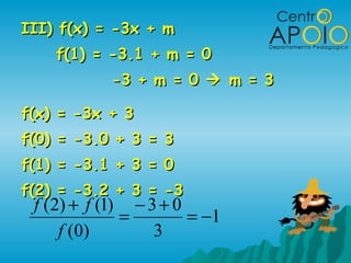III) f(x) = -3x + mIII) f(x) = -3x + m
f(1) = -3.1 + m = 0f(1) = -3.1 + m = 0
-3 + m = 0-3 + m = 0  m = 3m = 3
f(x) = -3x + 3f(x) = -3x + 3
f(0) = -3.0 + 3 = 3f(0) = -3.0 + 3 = 3
f(1) = -3.1 + 3 = 0f(1) = -3.1 + 3 = 0
f(2) = -3.2 + 3 = -3f(2) = -3.2 + 3 = -3
1
3
03
)0(
)1()2(
−=
+−
=
+
f
ff
 