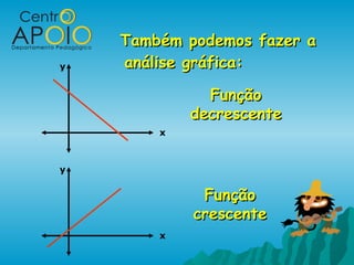 Também podemos fazer aTambém podemos fazer a
análise gráfica:análise gráfica:
x
y
x
y
FunçãoFunção
decrescentedecrescente
FunçãoFunção
crescentecrescente
 