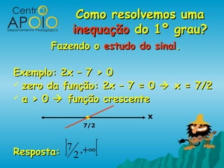 Como resolvemos umaComo resolvemos uma
inequaçãoinequação do 1º grau?do 1º grau?
Fazendo oFazendo o estudo do sinalestudo do sinal..
Exemplo: 2x – 7 > 0Exemplo: 2x – 7 > 0
 zero da função: 2x – 7 = 0zero da função: 2x – 7 = 0  x = 7/2x = 7/2
 a > 0a > 0  função crescentefunção crescente
Resposta:Resposta:
x
7/2
] [+∞,
2
7
 