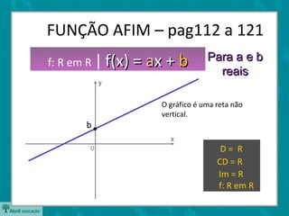 0
y
x
FUNÇÃO AFIM – pag112 a 121
b
f: R em R | f(x) =f(x) = aax +x + bb
O gráfico é uma reta não
vertical.
D = R
CD = R
Im = R
f: R em R
Para a e bPara a e b
reaisreais
 