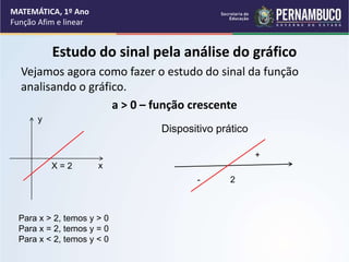 Estudo do sinal pela análise do gráfico
Vejamos agora como fazer o estudo do sinal da função
analisando o gráfico.
a > 0 – função crescente
MATEMÁTICA, 1º Ano
Função Afim e linear
x
y
X = 2
Para x > 2, temos y > 0
Para x = 2, temos y = 0
Para x < 2, temos y < 0
Dispositivo prático
+
- 2
 