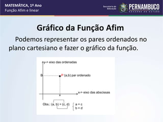 Gráfico da Função Afim
Podemos representar os pares ordenados no
plano cartesiano e fazer o gráfico da função.
MATEMÁTICA, 1º Ano
Função Afim e linear
y-> eixo das ordenadas
B P (a,b) par ordenado
x-> eixo das abscissas
a
Obs.: (a, b) = (c, d) a = c
b = d
 