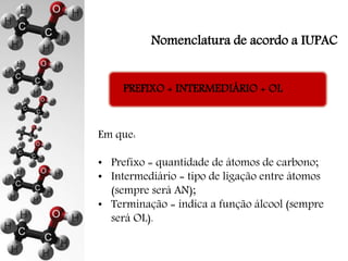 Nomenclatura de acordo a IUPAC 
PREFIXO + INTERMEDIÁRIO + OL 
Em que: 
• Prefixo = quantidade de átomos de carbono; 
• Intermediário = tipo de ligação entre átomos 
(sempre será AN); 
• Terminação = indica a função álcool (sempre 
será OL). 
 