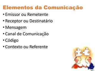 Elementos da Comunicação
• Emissor ou Remetente
• Receptor ou Destinatário
• Mensagem
• Canal de Comunicação
• Código
• Contexto ou Referente
 