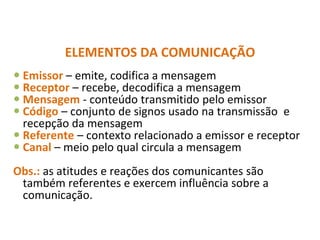 ELEMENTOS DA COMUNICAÇÃO
 Emissor – emite, codifica a mensagem
 Receptor – recebe, decodifica a mensagem
 Mensagem - conteúdo transmitido pelo emissor
 Código – conjunto de signos usado na transmissão e
recepção da mensagem
 Referente – contexto relacionado a emissor e receptor
 Canal – meio pelo qual circula a mensagem
Obs.: as atitudes e reações dos comunicantes são
também referentes e exercem influência sobre a
comunicação.
 