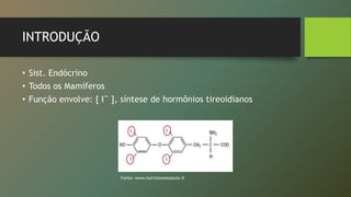 INTRODUÇÃO
• Sist. Endócrino
• Todos os Mamíferos
• Função envolve: [ Iˉ ], síntese de hormônios tireoidianos
Fonte: www.nutrizioneesalute.it
 