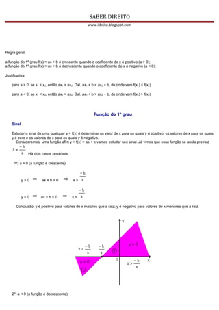SABER DIREITO
                                                     www.itbsite.blogspot.com




Regra geral:

a função do 1º grau f(x) = ax + b é crescente quando o coeficiente de x é positivo (a > 0);
a função do 1º grau f(x) = ax + b é decrescente quando o coeficiente de x é negativo (a < 0);

Justificativa:

    para a > 0: se x1 < x2, então ax1 < ax2. Daí, ax1 + b < ax2 + b, de onde vem f(x1) < f(x2).

    para a < 0: se x1 < x2, então ax1 > ax2. Daí, ax1 + b > ax2 + b, de onde vem f(x1) > f(x2).




                                                         Função de 1º grau

    Sinal

    Estudar o sinal de uma qualquer y = f(x) é determinar os valor de x para os quais y é positivo, os valores de x para os quais
    y é zero e os valores de x para os quais y é negativo.
       Consideremos uma função afim y = f(x) = ax + b vamos estudar seu sinal. Já vimos que essa função se anula pra raiz


                 . Há dois casos possíveis:

      1º) a > 0 (a função é crescente)



            y>0           ax + b > 0          x>



            y<0          ax + b < 0           x<

       Conclusão: y é positivo para valores de x maiores que a raiz; y é negativo para valores de x menores que a raiz




    2º) a < 0 (a função é decrescente)
 