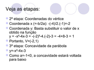 Veja as etapas:
2ª etapa: Coordenadas do vértice
Coordenada x (=-b/2a): -(-4)/2.(-1)=-2
Coordenada y: Basta substituir o valor de x
obtido na função
y = -x²-4x-3 = -(-2)²-4.(-2)-3 = -4+8-3 = 1
Portanto, V=(-2,1)
3ª etapa: Concavidade da parábola
y=-x²-4x-3
Como a=-1<0, a concavidade estará voltada
para baixo
 