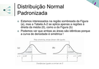 Distribuição Normal
Padronizada
 Estamos interessados na região sombreada da Figura
 (a), mas a Tabela A-2 se aplica apenas a regiões à
 direita da média (0), como a da Figura (b)
 Podemos ver que ambas as áreas são idênticas porque
 a curva de densidade é simétrica !
 