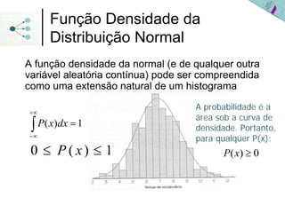 Função Densidade da
     Distribuição Normal
A função densidade da normal (e de qualquer outra
variável aleatória contínua) pode ser compreendida
como uma extensão natural de um histograma

                                    A probabilidade é a
+∞
                                    área sob a curva de
 ∫ P( x)dx = 1
−∞
                                    densidade. Portanto,
                                    para qualquer P(x):
 0 ≤ P (x) ≤ 1                            P ( x) ≥ 0
 