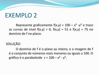 EXEMPLO 2
Represente graficamente f(x,y) = 100 – x² -y² e trace
as curvas de nível f(x,y) = 0, f(x,y) = 51 e f(x,y) = 75 no
domínio de f no plano.
SOLUÇÃO:
O domínio de f é o plano xy inteiro, e a imagem de f
é o conjunto de números reais menores ou iguais a 100. O
gráfico é o paraboloide z = 100 – x² - y².

 
