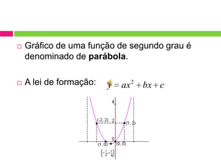 

Gráfico de uma função de segundo grau é
denominado de parábola.



A lei de formação:

y

ax 2 bx c

 