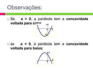 Observações:


Se
a > 0, a parábola tem a concavidade
voltada para cima;



se
a < 0, a parábola tem a concavidade
voltada para baixo;

 